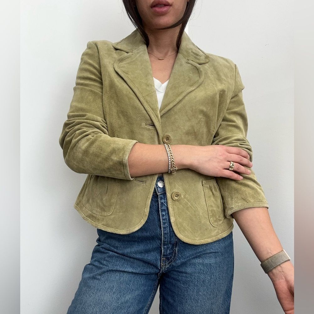 Vintage Live A Little Y2K Chartreuse Green Suede Leather Blazer Jacket Size M